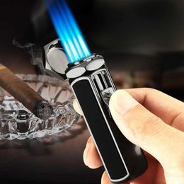 Metal Windproof 4 Flame Direct Injection Turbine Torch Blue Butane No Gas Lighter Portable Outdoor Cigar Accessorie
