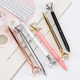 wholesale 16PCS Big Diamond Crystal Pen Gem Ballpoint Pen Ring Wedding Office Metal Ring Roller Ball Black Rose Gold Silver Pink