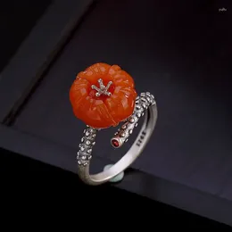 Cluster Rings Amxiu Handmade Red Plum Flower Ring Adjustable Open Natural Agate 925 Sterling Silver Women Finger Accessories