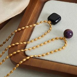 Pendant Necklaces Minar Retro Round Square Natural Stone Agate For Women Mujer 18K Gold PVD Plated Titanium Steel Strand Choker