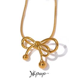 Pendant Necklaces Yhpup Bow knot Gold Colour Stainless Steel Women Short Chain Necklace Charm Metal Waterproof Jewellery Bijoux Femme 231208