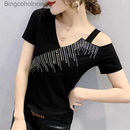 Women's T-Shirt #7156 Short Sle T-shirts For Girls V-Neck Basic Off Shoulder Tshirt Korean Style Tight Sexy Women's T-shirt Cotton Black RedL231208