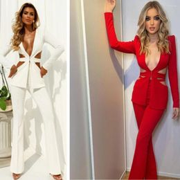 Women's Two Piece Pants Hollow Out Sexy Long Sleeved Suit Set Charming Temperament Nightclub Performance Clothing Party Banquet Toasting