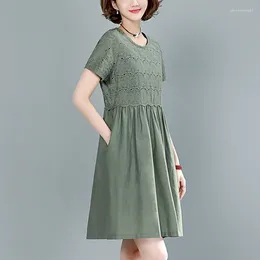 Party Dresses Vintage Cotton And Linen O-Neck Knee-Length Dress Women Summer Solid Colour Casual Hollow Out Short Sleeve A-Line