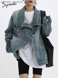 Women's Jackets Syiwidii Asymmetrical Denim Jacket Women 2023 Autumn Winter New Fashion Coats Vintage Button Up Turn Down Collar Chic Jacket L231208