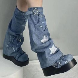 Women Socks Y2K Spicy Girls Embroidery Star Denim Covers Lolita Long Thin Flare Calf Gaiters Boot Cuffs