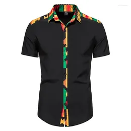 Men's Casual Shirts African Kente Print Shirt Short Sleeves Summer 2023 Fashion Patchwork Button Turn Traditional Dashiki Work Tops