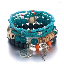 Link Bracelets Bohemian Multicolor Blue Crystal Beads Women Girls Elastic Tassel Wing Letters Rope Bracelet Pulseira Feminina