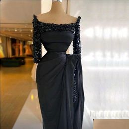 Gece Elbise Siyah Kare Boyun Denizkızı Akşam Elbisesi 2024 Boncuklu Kristal Yarım Kollu Resmi Elbise Peplum Yan Bölünmüş Uzun Ünlü Otmih