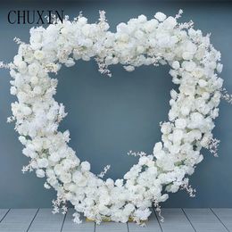 Decorative Flowers Wreaths Heart Shape Wedding Arch 3D White Rose Artificial Flower Row Fake Floral Arrangement Party Event Backdrop Decor Metal Stand 231207