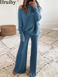 Women's Two Piece Pants Winter Sets For Women Knit Loose O Neck Long Sleeve Top Wide Leg Suit Solid Colour Casual Clothes Commuting Set