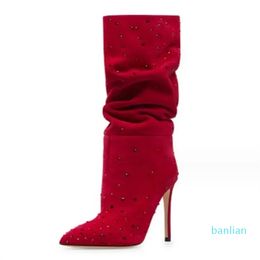 Designer Boots 2023 Winter Pointed Thin Heel High Heel Frosted Water Diamond Pleated Fashion Show Large Size Long Barrel