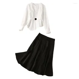 Work Dresses Ladies Office Wear Women Clothes Set Single Button White Blouse A-Line Black Midi Skirt
