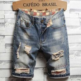 Men's Jeans 2023 Summer Denim Shorts Jeans Men's Personality Ripped Beggars Loose Straight Leg Trend Quarter PantsL231208