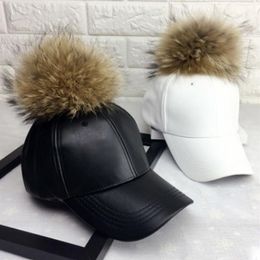 MAERSHEI Women Fashion Real Fur Baseball Cap Warm Casual Sweer Girl Hat Snapback Pom Pom Cap Leather Hip Hop Bone Caps Y200714246m