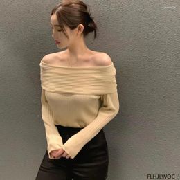 Women's Sweaters Chic Korea Off Shoulder Tops Pullovers 2023 Autumn Winter Basic Wear Tees Solid Black Slim Bodycon Cotton T-Shirts
