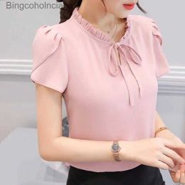 Women's T-Shirt Summer Pink White Blouses Women Tops Office Solid Colour Slim Short-sle Chiffon Shirt Ladies Top Lotus Leaf Sle Sweet TopsL231208