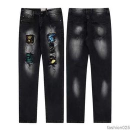 Men's Designer jeans High Quality inkjet Graffiti micro-horn jeans Luxury denim Gallery Sweat Department pants distressed torn black blue purple jeans 1964EF