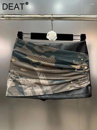 Skirts Trendy Women's Spliced Mesh Camouflage PU Leather Skirt 2023 Autumn Fashion High Waist Rivet Female 11XX7317