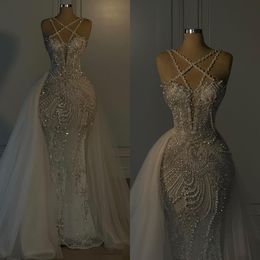 Cross Mermaid Dresses Neck Crystal Pearls Wedding Dress Sweep Train Robe de Mariee Bridal Bowns