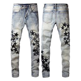 Men'sJeans European and American high street fashion brand blue pentagram jeans for men and young people with elastic slim fit