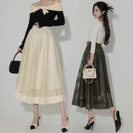 Skirts Korean Fashion High Waist Long Skirt Chic Hollow Out Elegant Party 2023 Autumn Winter Loose A-line PU Leather Faldas Saia