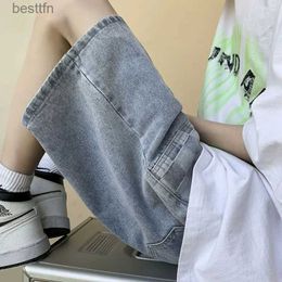 Men's Jeans New Summer Men's Stitching Plaid Short Jeans Korean Fashion Streetwear Blue Baggy Denim Shorts Wide Leg Large Pocket ShortsL231208