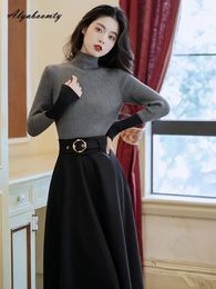 Work Dresses French Style Autumn Winter Women Thick Warm Set Contrast Colour Knitting Sweater Black Midi Woollen Skirt Elegant Ladies Outfits