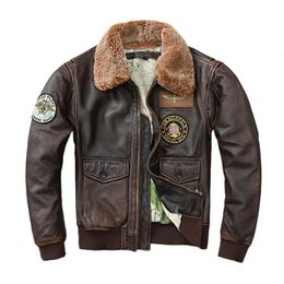 Men's Jackets Vintage Red Brown Genuine Cow Leather Jacket Men Removable Natural Fur Collar Flight Air Force Pilot Mens Coat Winter 231207