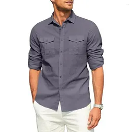 Men's Casual Shirts Solid Color Men Shirt Versatile Lapel Long Sleeve Flap Pockets Single Breasted Design Loose Fit For Workwear