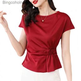 Women's T-Shirt Summer New Silated Silk Satin Face Women's T-shirt Short Sles High Grade Top Unique Waist Small ShirtL231208