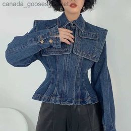 Women's Jackets Korean Chic Vintage design waist closed short denim jacket women Port style office lady wear jean coat navy leader woman jacket L231208