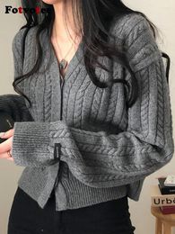 Women's Knits Fotvotee Sweaters For Women Knit Sweater Grey Cardigan Korean Fashion Knitted Vintage V-Neck Long Sleeve Top Autumn Winter