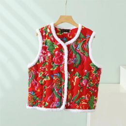 Women's Vests Chinese Style Floral Jacket With Buckle And Plush Warm Vest For Autumn Winter Clothing