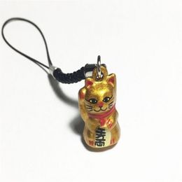 Whole 50pcs Gold Lucky Cat Maneki Neko Japanese Bell 2 3 cm Gold Rich Black Strap261q