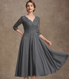2024 New Arrival Grey Mother of the Bride Dress A-line V-Neck Tea-Length Chiffon Lace Beads Sleeves Wedding Guest Party Gowns for Women Plus Size