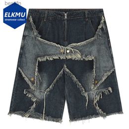 Uomo Vintage Nappa Stella Denim Splicing Jeans Larghi 2023 Uomini Hip Hop Streetwear Haruku Y2K Pantaloncini Summerl231208
