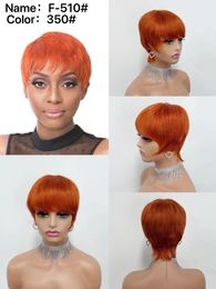 Short Straight Pixie Cut Wig With Bangs Ombre Colour Human Hair Machine Made Lace Wigs For Women