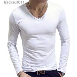 Men's T-Shirts V Neck Mens T Shirts Plain Long Sle T Shirt Men Slim Fit Undershirt Armour Summer Casual Tee Tops Underwear Tshirt White Black L231208