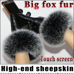 Five Fingers Gloves High-grade women's leather gloves sheepskin winter warm plus velvet thick cuffs big fox fur gloves touch screen gloves 231207