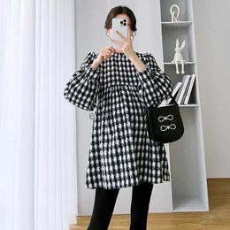 Women's Blouses Shirts 9185# Autumn Winter Korean Fashion Plaid Maternity Blouses Sweet Cute Loose Shirt Clothes for Pregnant Women Pregnancy Tops YQ231208