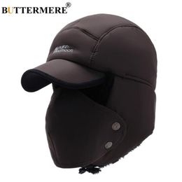 BUTTERMERE Men'S Winter Hats Russian Bomber Coffee Cotton Earflap Caps Male Mask Detachable Baseball Cap Fur Warm Ushanka Hat252m