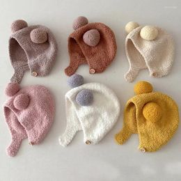 Berets Cute Winter Warm Kids Girl Boys Baby Hats Fleece Wool Hemming Caps With Ball Solid Ear Protection Soft Bonnet