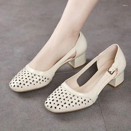 Dress Shoes Women's With Medium Heels Summer 2023 Closed Sandals For Woman Leather Footwear Office Work Square Beige Daily Comfort F H