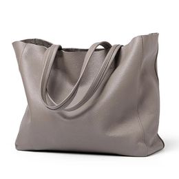 Classic Soft 100% Genuine Leather Fashion Women Shoulder Bag Brown Tote Handbag Large Capacity Lady Shopping Bag Black Grey 240104