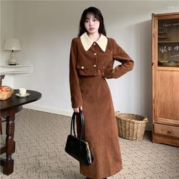 Work Dresses Vintage French Style Corduroy Dress Set Jacket And Midi Skirt Two Piece Sets Womens Outifits Autumn Winter Aesthetic Patchwork