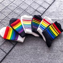 Women Socks 3 Pairs High Quality Cotton For Black White Rainbow Stripe Sport Casual Harajuku Fashion Middle Tube