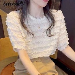 Women's T-Shirt 2023 Women Ruffle Lace Patchwork Design Blouses Summer Trendy Round Neck Short Sle White Shirts Casual Sweet Chic Tops BlusaL231208