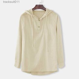 Men's T-Shirts Men Shirts Hooded Solid Color Autumn Long Sle Tops Casual Buttons Cotton Linen Vintage Summer Beach Shirts Camisa Masculina L231208