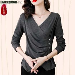 Women's T-Shirt S-2XL 2023 Women Long Sle Elegant Office Lady Work Button Basic Shirt Casual Grey Tunic Peplum Tops BlousesL231208